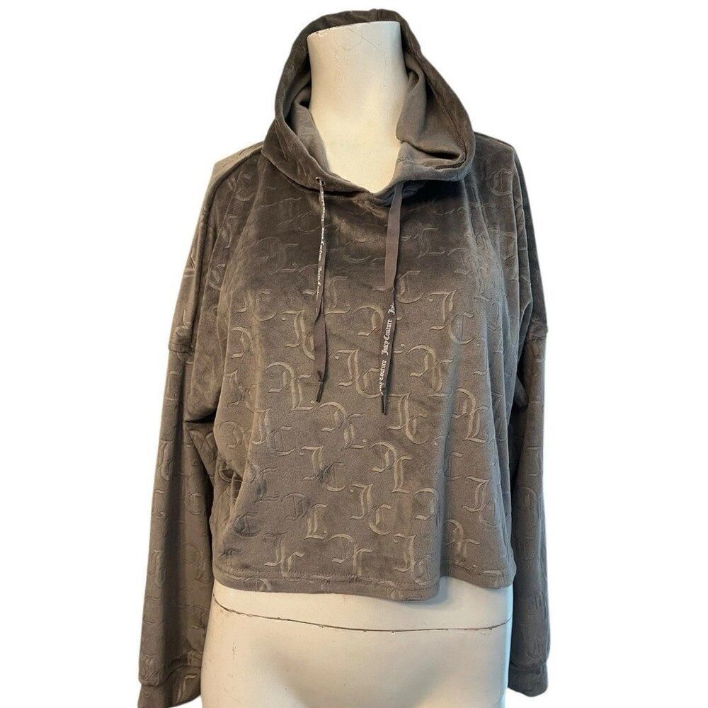 Juicy Couture Large Gray Velour Pullover Cropped Tracksuit Jacket Hoodie JC Logo